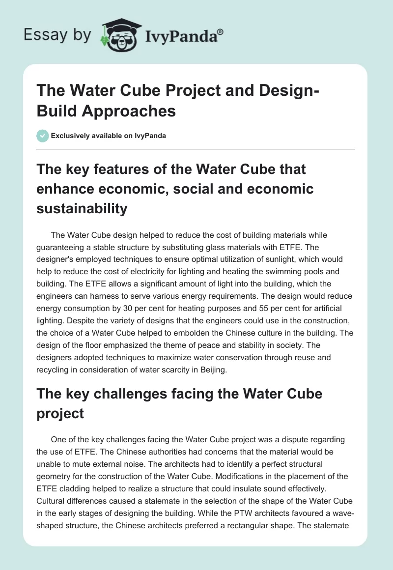 The Water Cube Project and Design-Build Approaches. Page 1