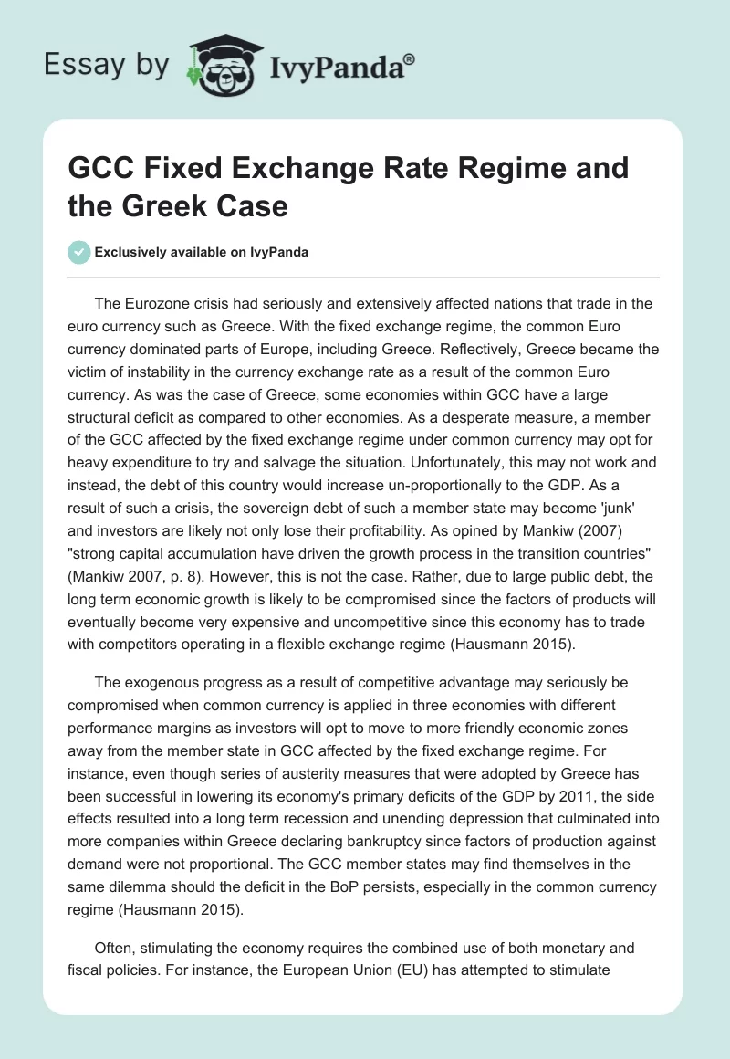 GCC Fixed Exchange Rate Regime and the Greek Case. Page 1