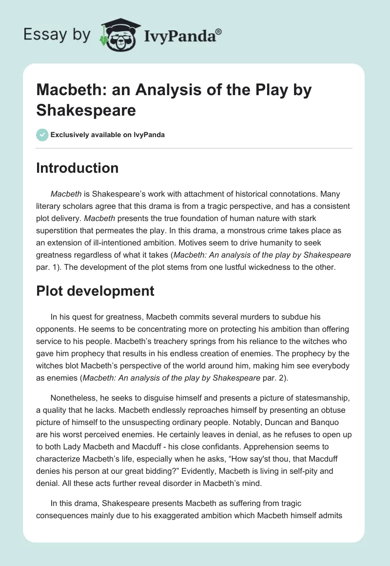 Macbeth: An Analysis of the Play by Shakespeare. Page 1