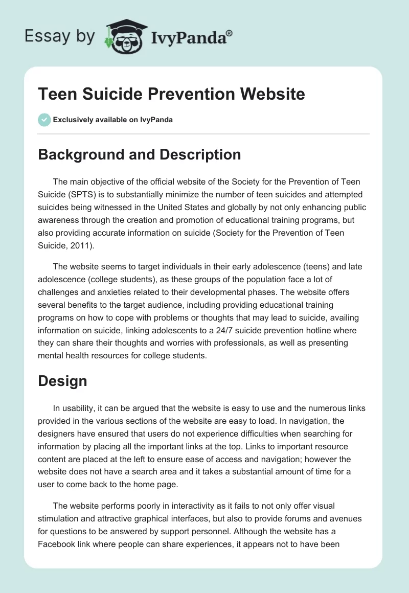 Teen Suicide Prevention Website. Page 1