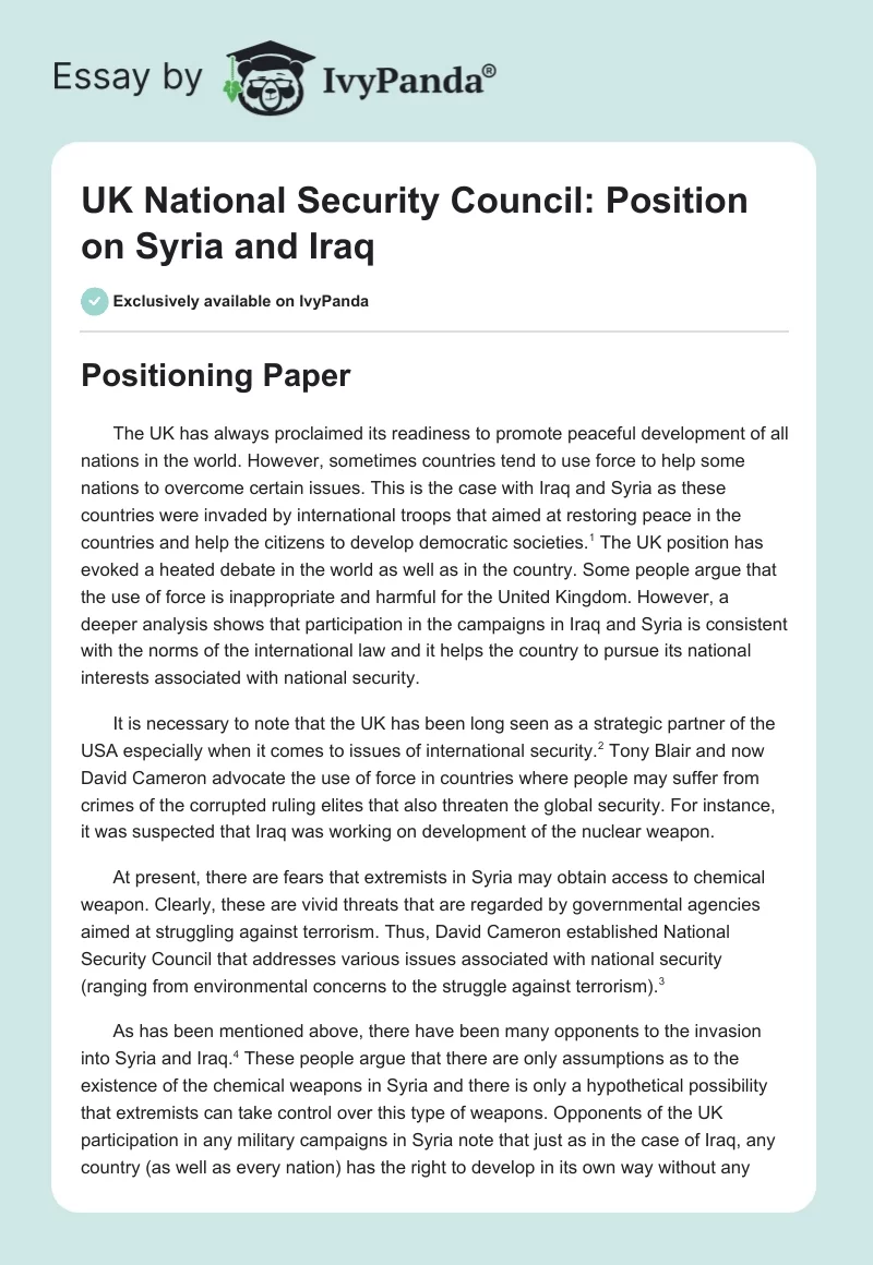 UK National Security Council: Position on Syria and Iraq. Page 1
