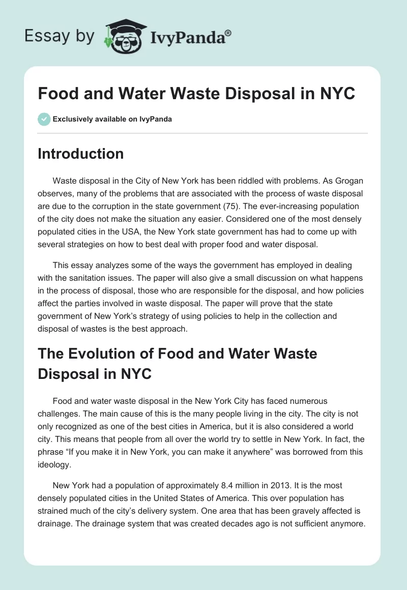 Food and Water Waste Disposal in NYC. Page 1