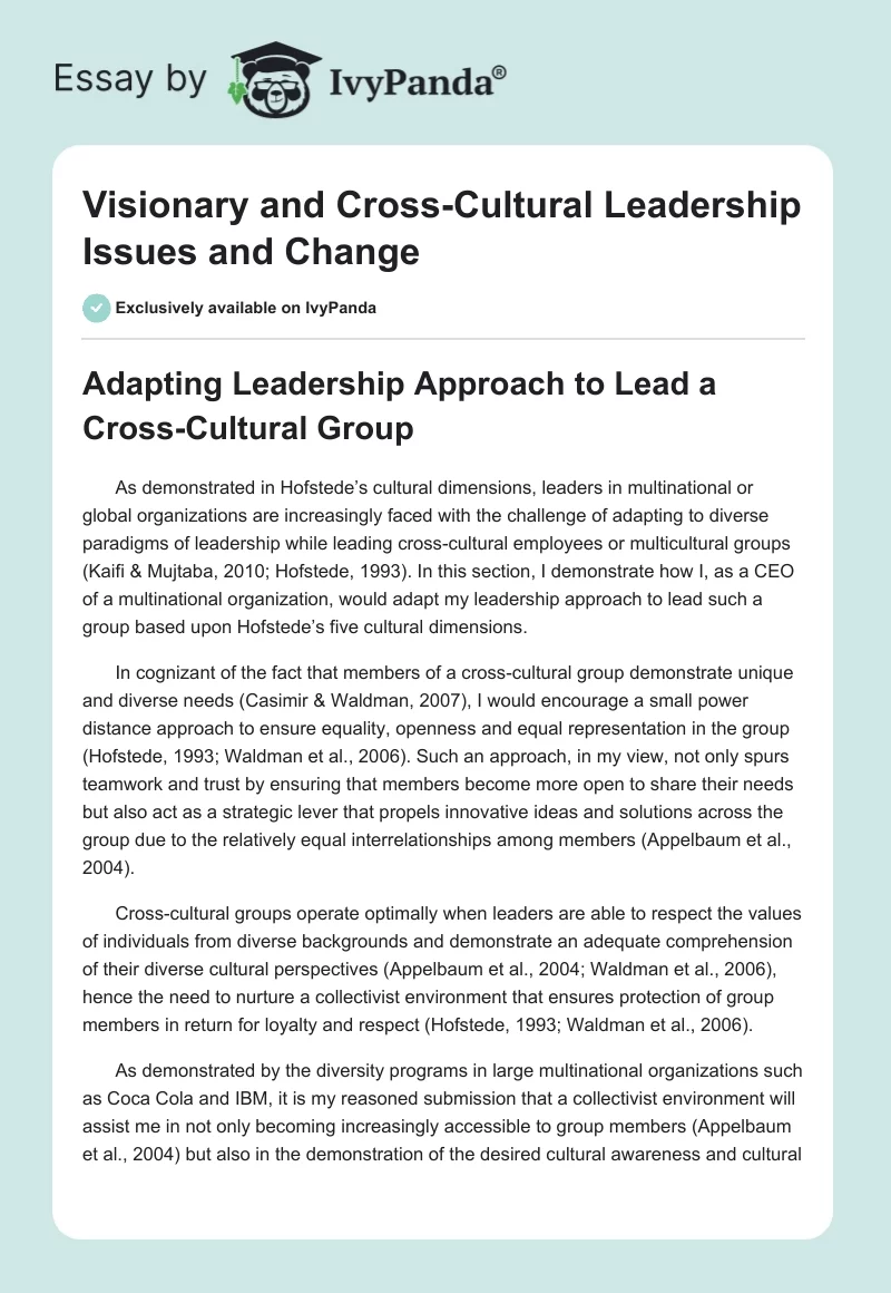 Visionary and Cross-Cultural Leadership Issues and Change. Page 1