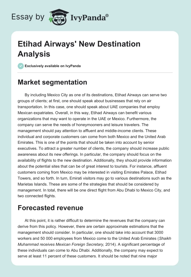 Etihad Airways' New Destination Analysis. Page 1