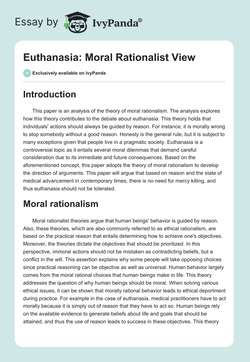 Euthanasia: Moral Rationalist View. Page 1