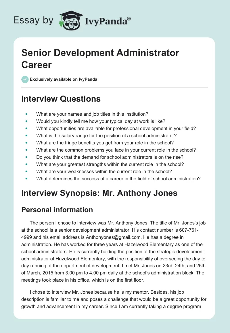 Senior Development Administrator Career. Page 1