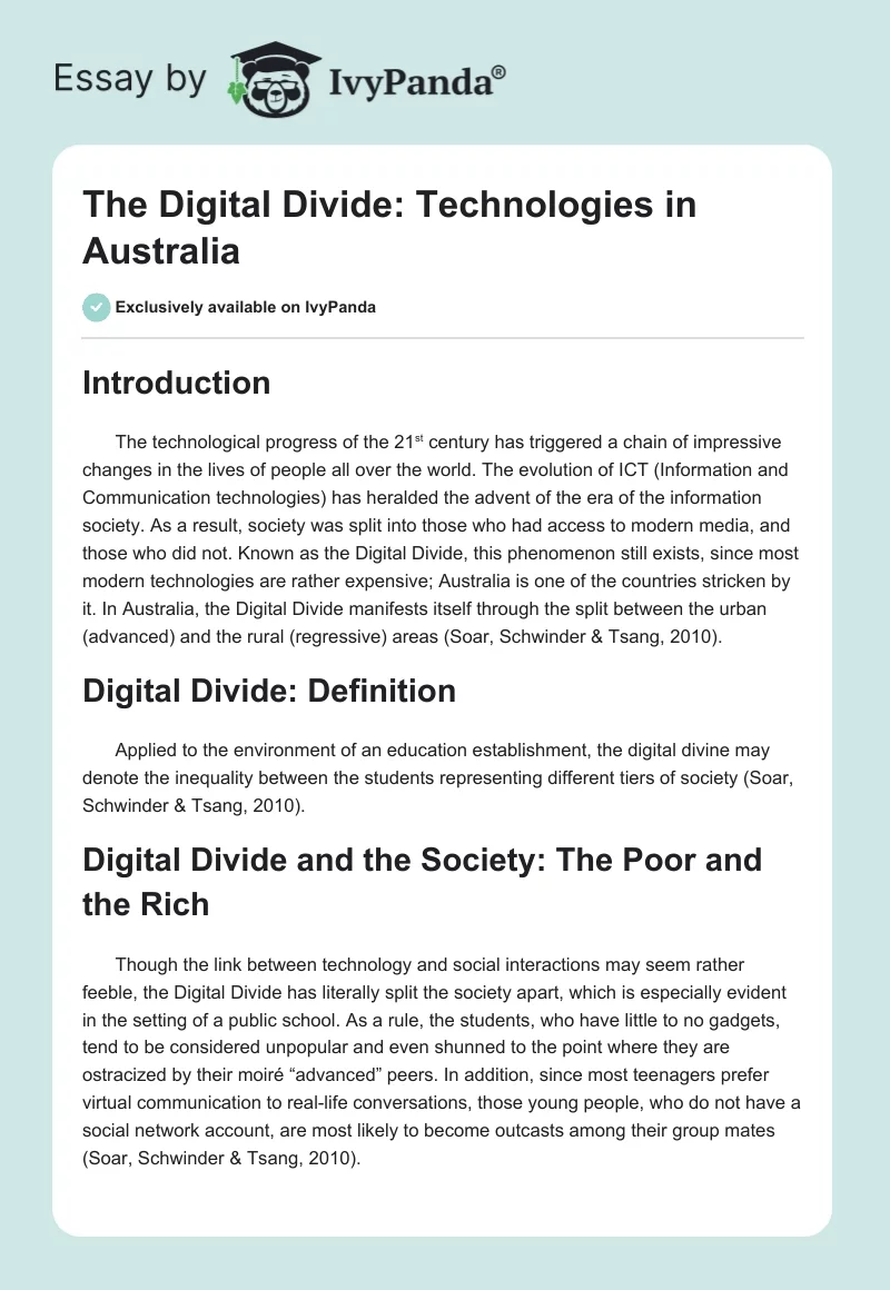 The Digital Divide: Technologies in Australia. Page 1