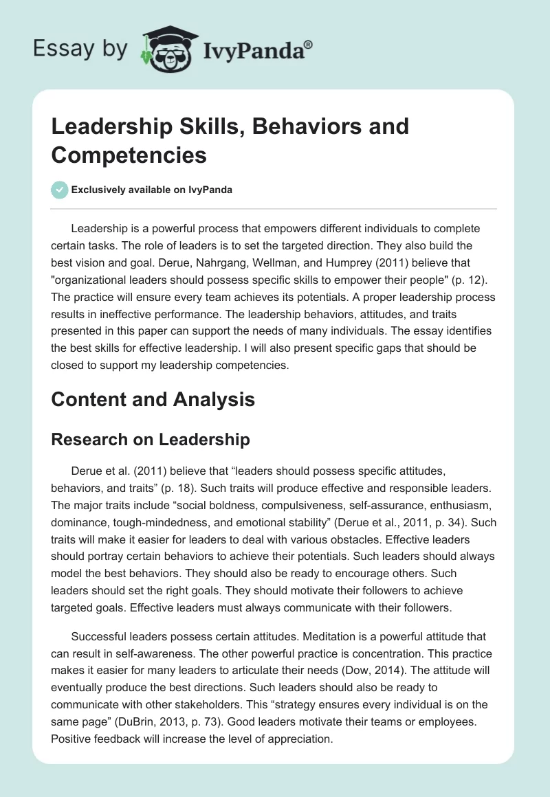 Leadership Skills, Behaviors and Competencies - 859 Words | Research ...