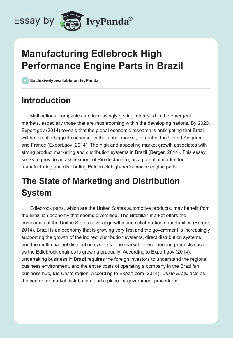 Manufacturing Edlebrock High Performance Engine Parts in Brazil. Page 1
