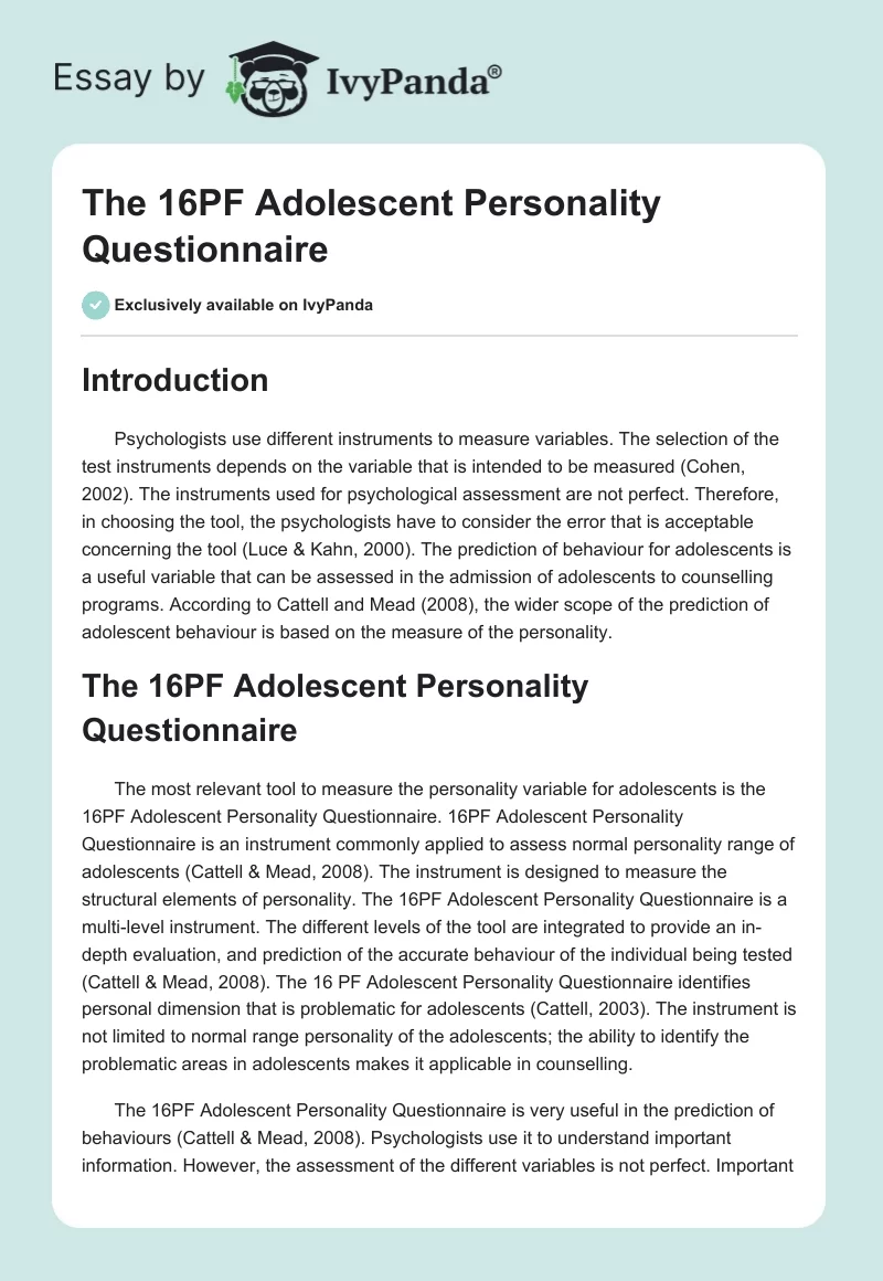 The 16PF Adolescent Personality Questionnaire. Page 1