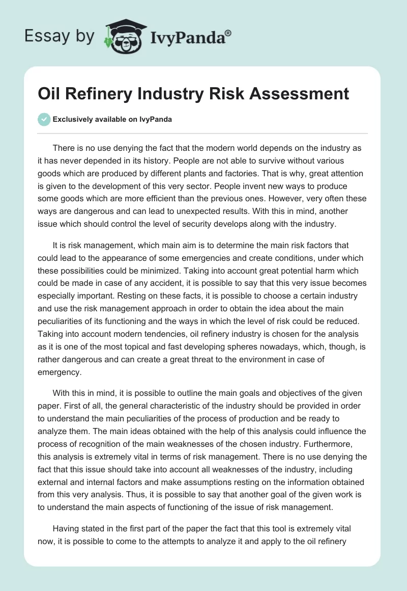 Oil Refinery Industry Risk Assessment. Page 1