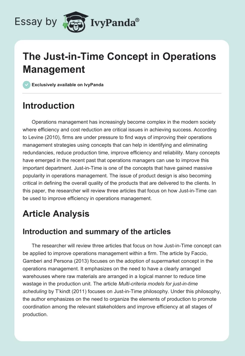 The Just-In-Time Concept in Operations Management. Page 1
