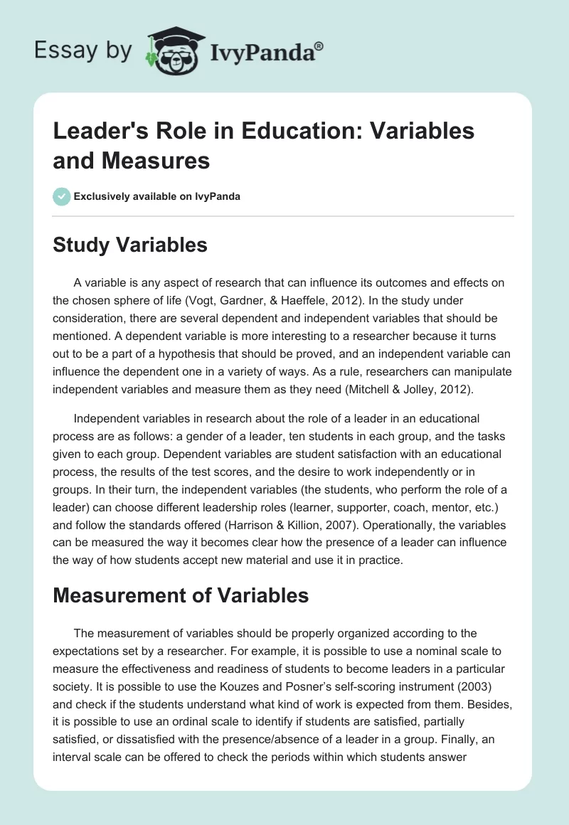 Leader's Role in Education: Variables and Measures. Page 1