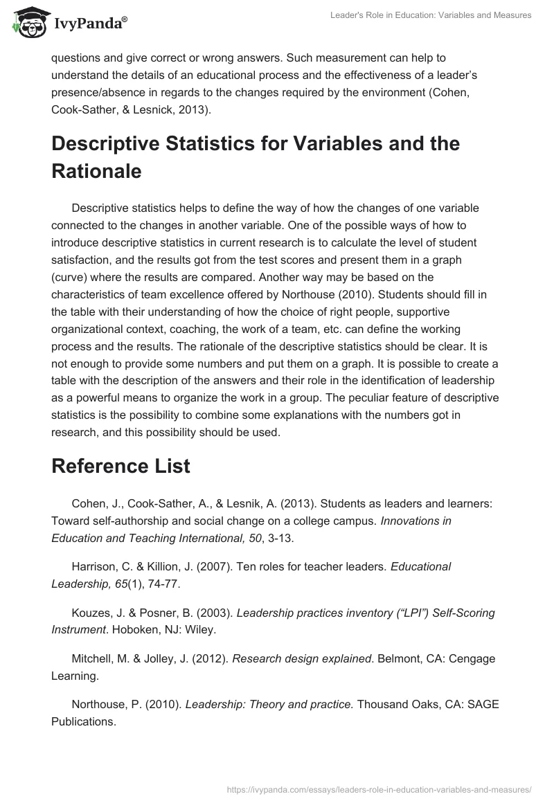 Leader's Role in Education: Variables and Measures. Page 2