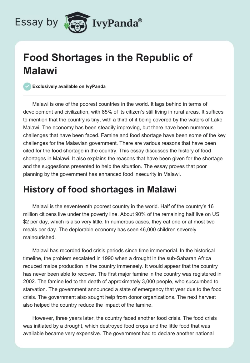 Food Shortages in the Republic of Malawi. Page 1