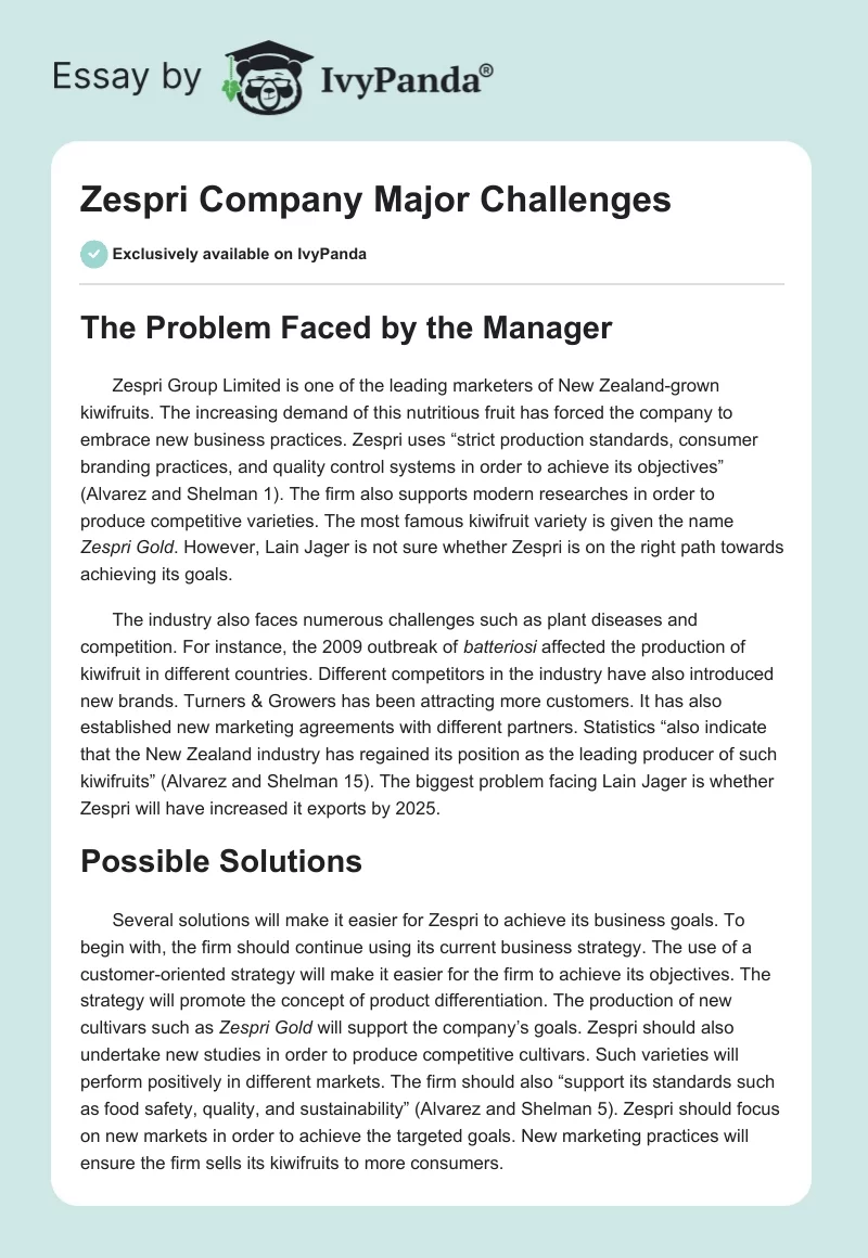 Zespri Company Major Challenges. Page 1