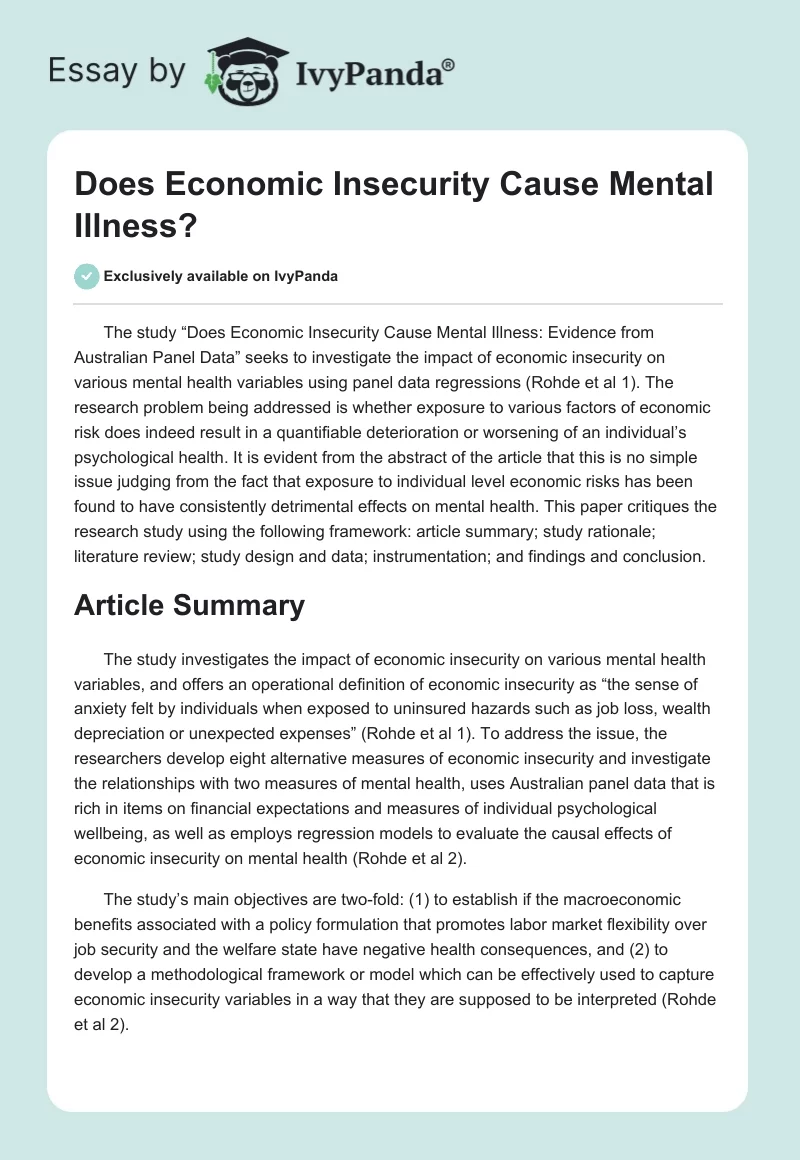 Does Economic Insecurity Cause Mental Illness?. Page 1