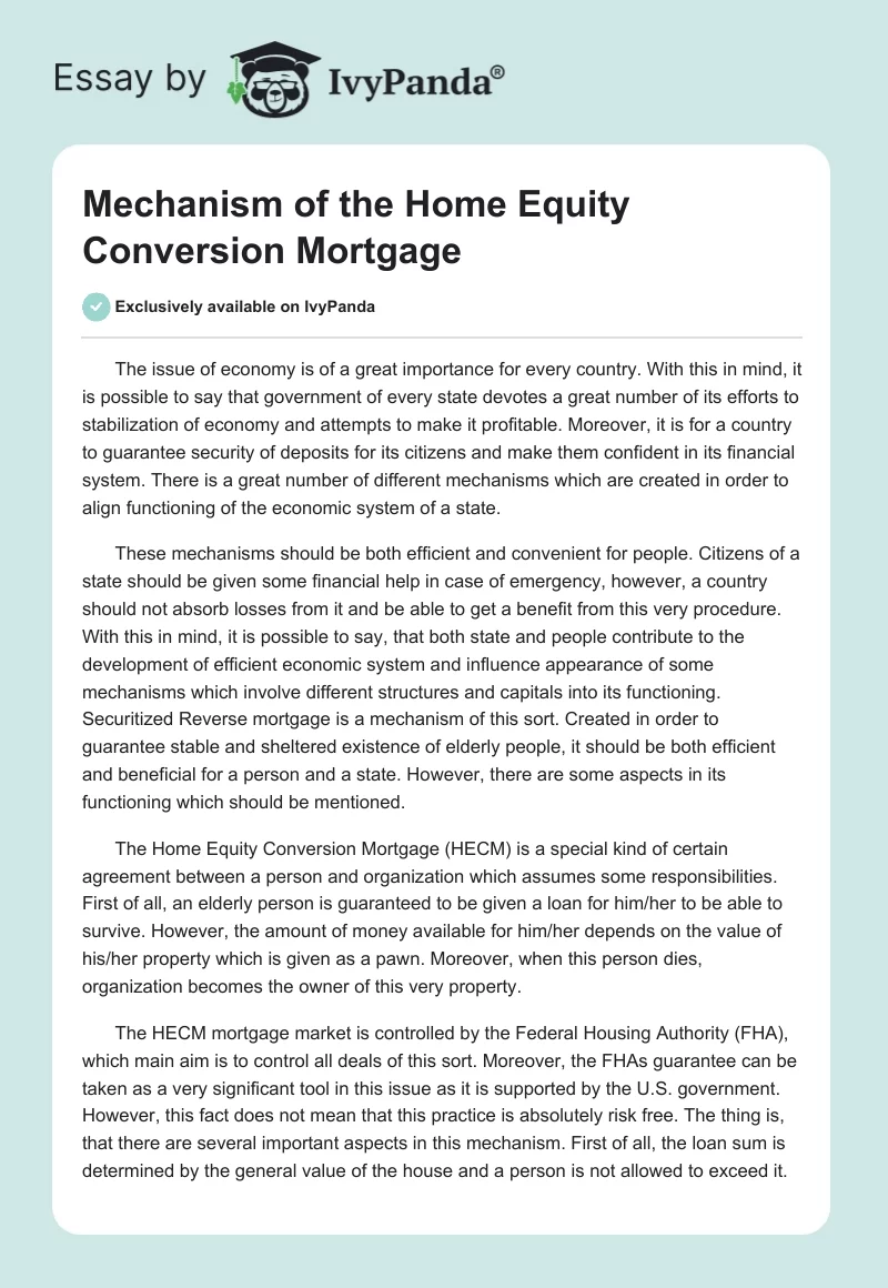 Mechanism of the Home Equity Conversion Mortgage. Page 1