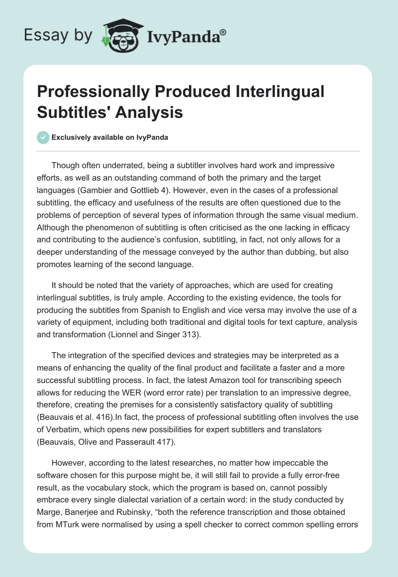 Professionally Produced Interlingual Subtitles' Analysis. Page 1