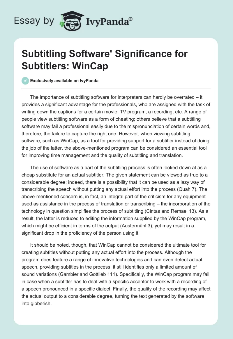 Subtitling Software' Significance for Subtitlers: WinCap. Page 1