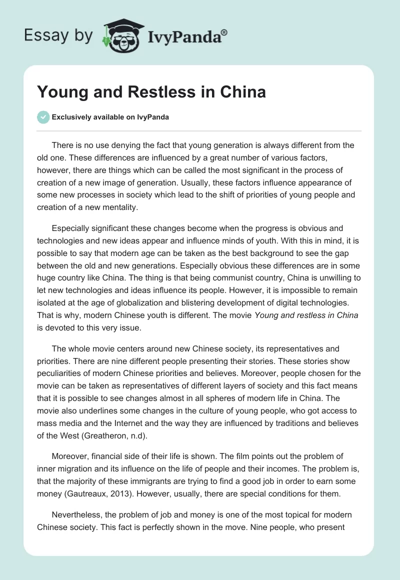 "Young and Restless in China". Page 1