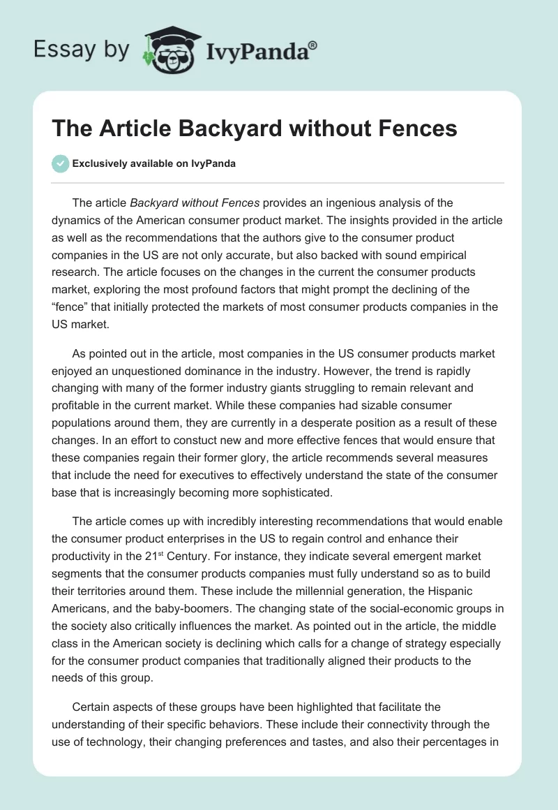 The Article "Backyard Without Fences". Page 1
