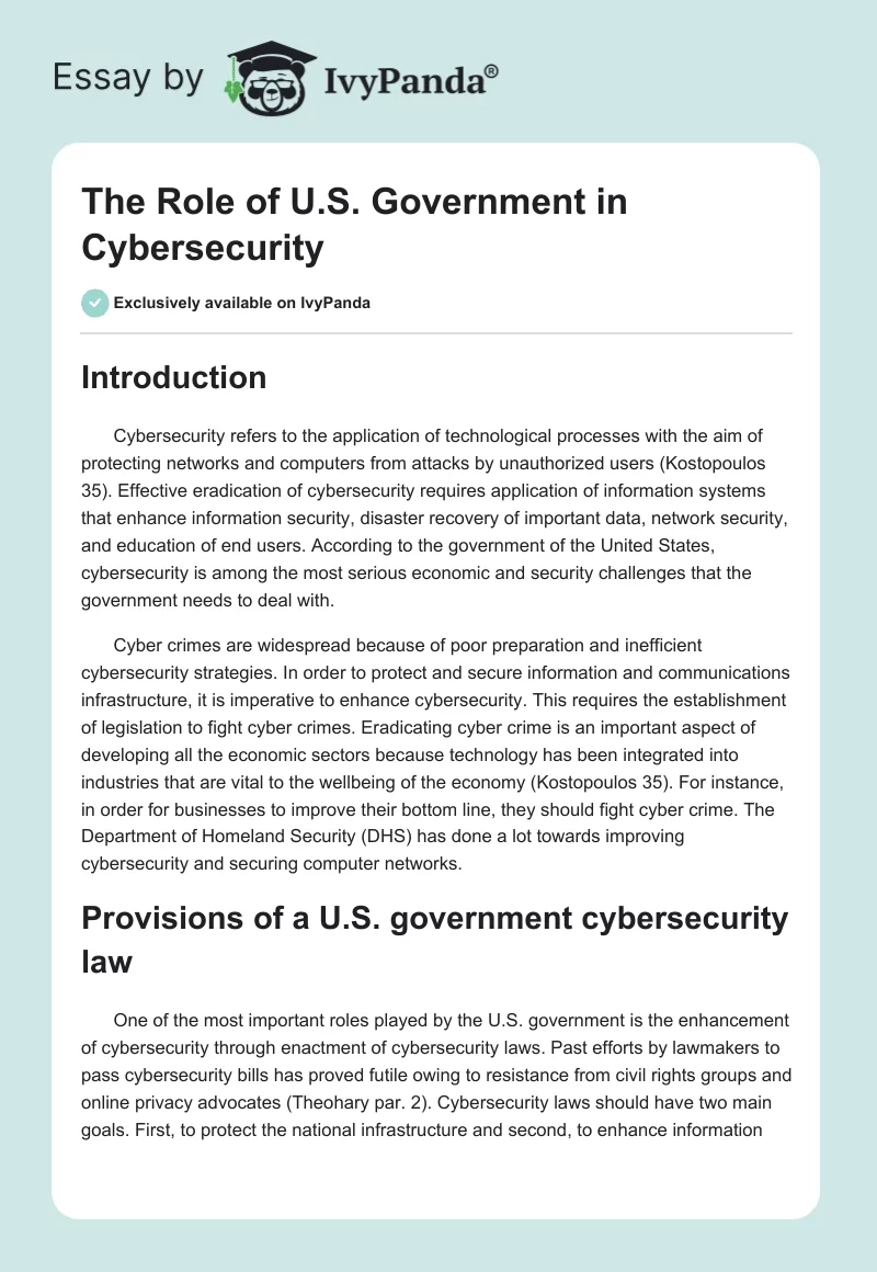 The Role of U.S. Government in Cybersecurity. Page 1