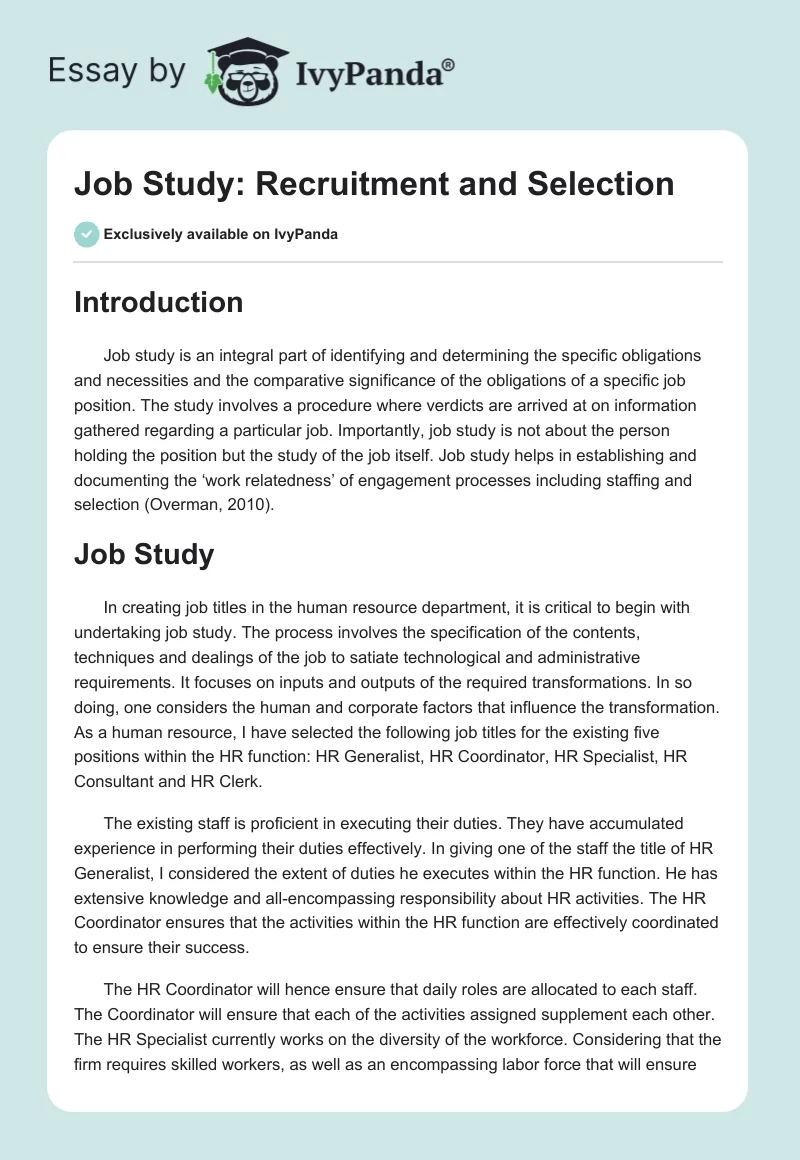 Job Study: Recruitment and Selection. Page 1