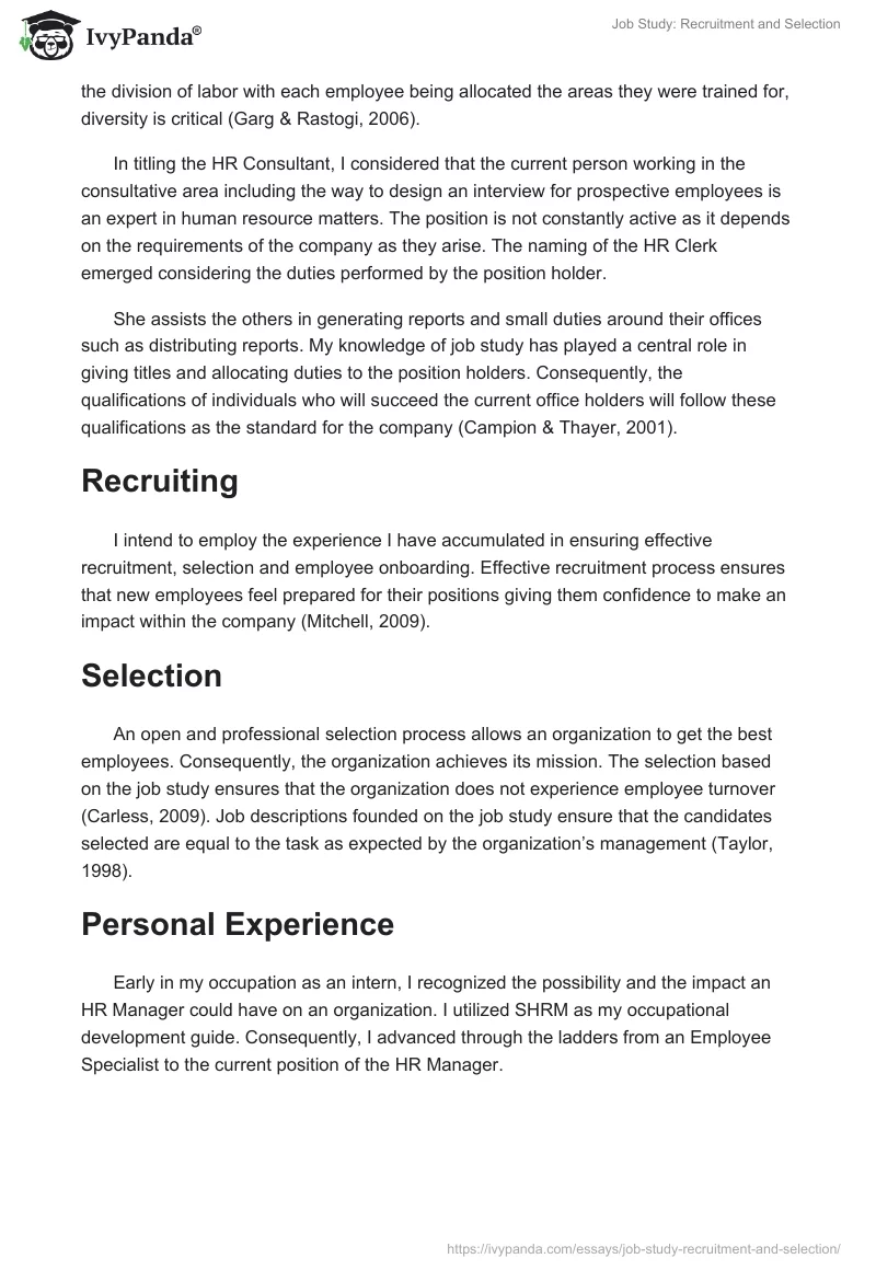 Job Study: Recruitment and Selection. Page 2