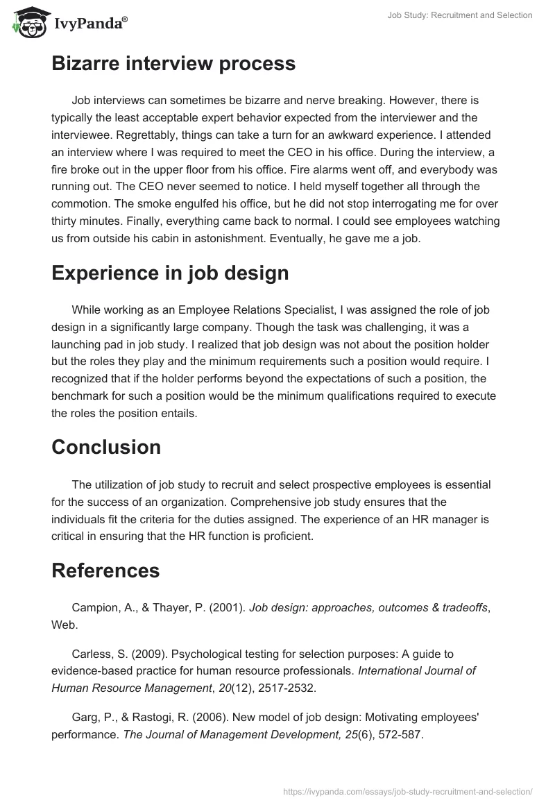 Job Study: Recruitment and Selection. Page 3