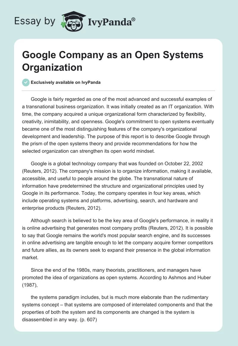 Google Company as an Open Systems Organization. Page 1
