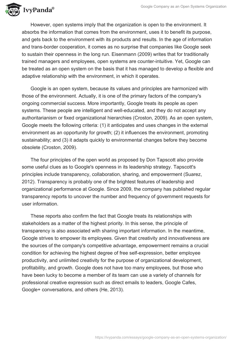 Google Company as an Open Systems Organization. Page 2