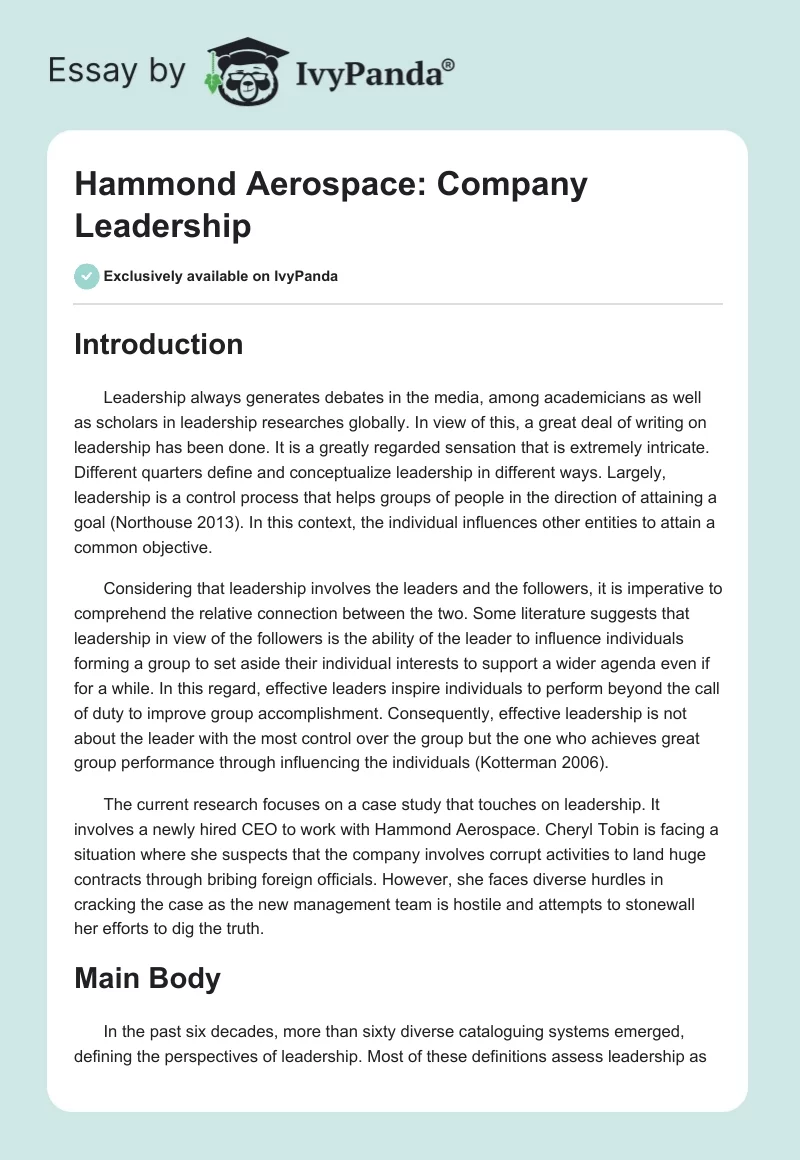 Hammond Aerospace: Company Leadership. Page 1