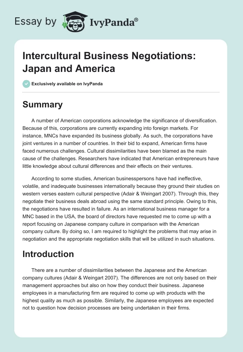 Intercultural Business Negotiations: Japan and America. Page 1