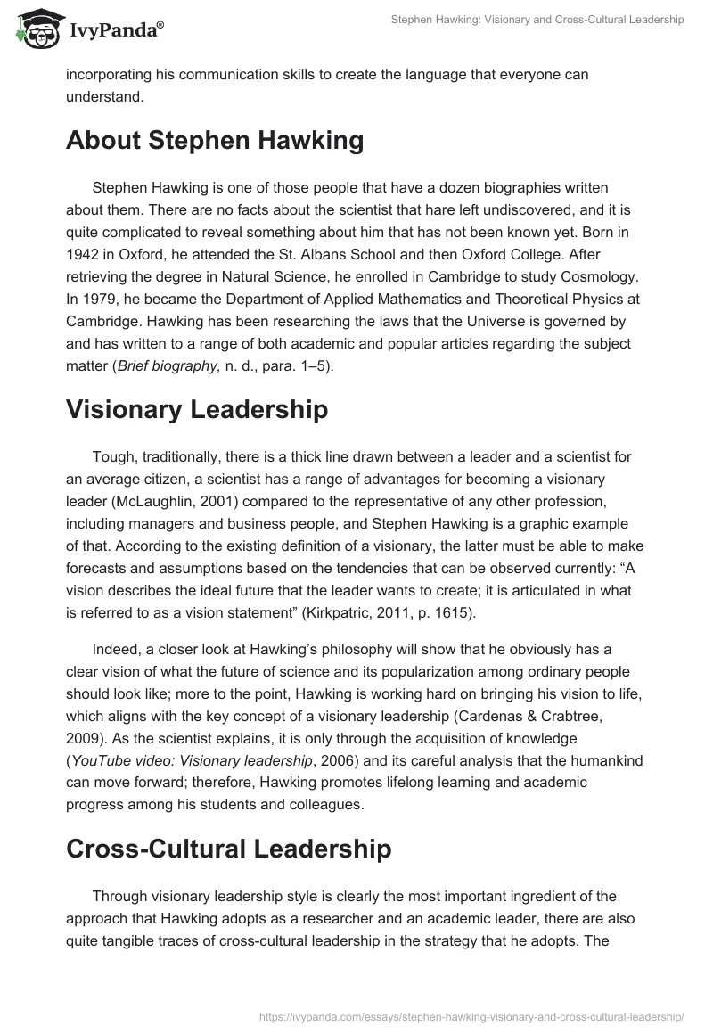 Stephen Hawking: Visionary and Cross-Cultural Leadership. Page 2