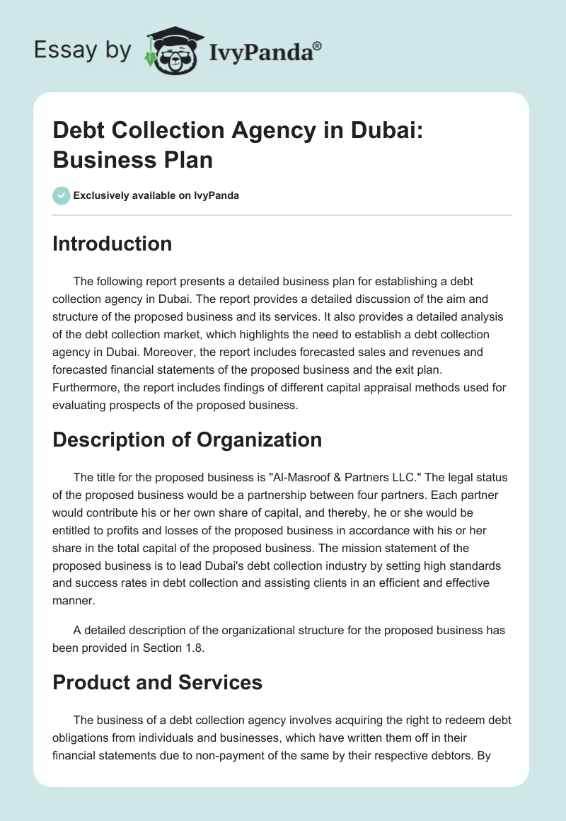 Debt Collection Agency in Dubai: Business Plan. Page 1