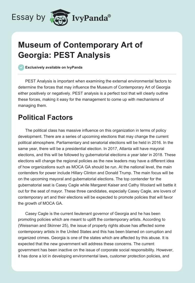 Museum of Contemporary Art of Georgia: PEST Analysis. Page 1