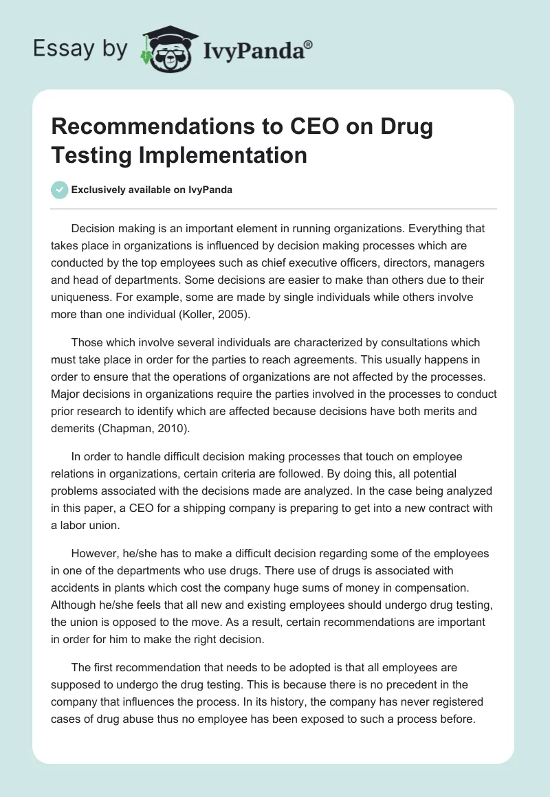 Recommendations to CEO on Drug Testing Implementation. Page 1