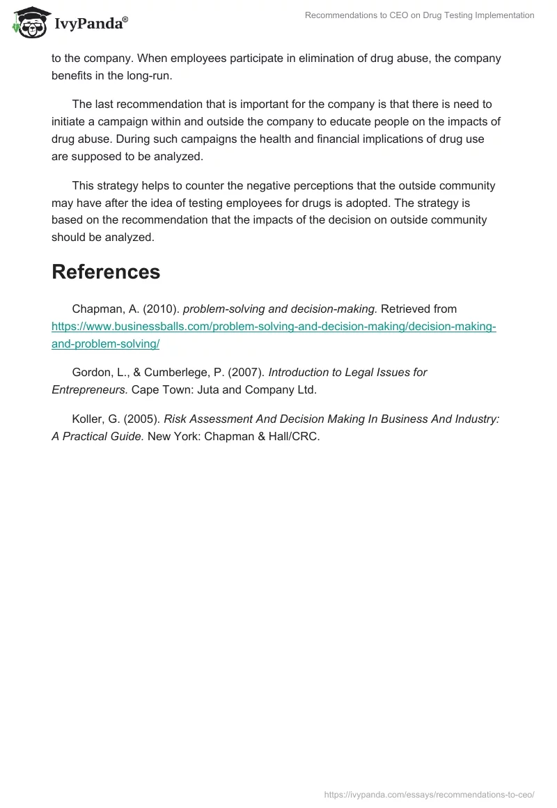 Recommendations to CEO on Drug Testing Implementation. Page 3