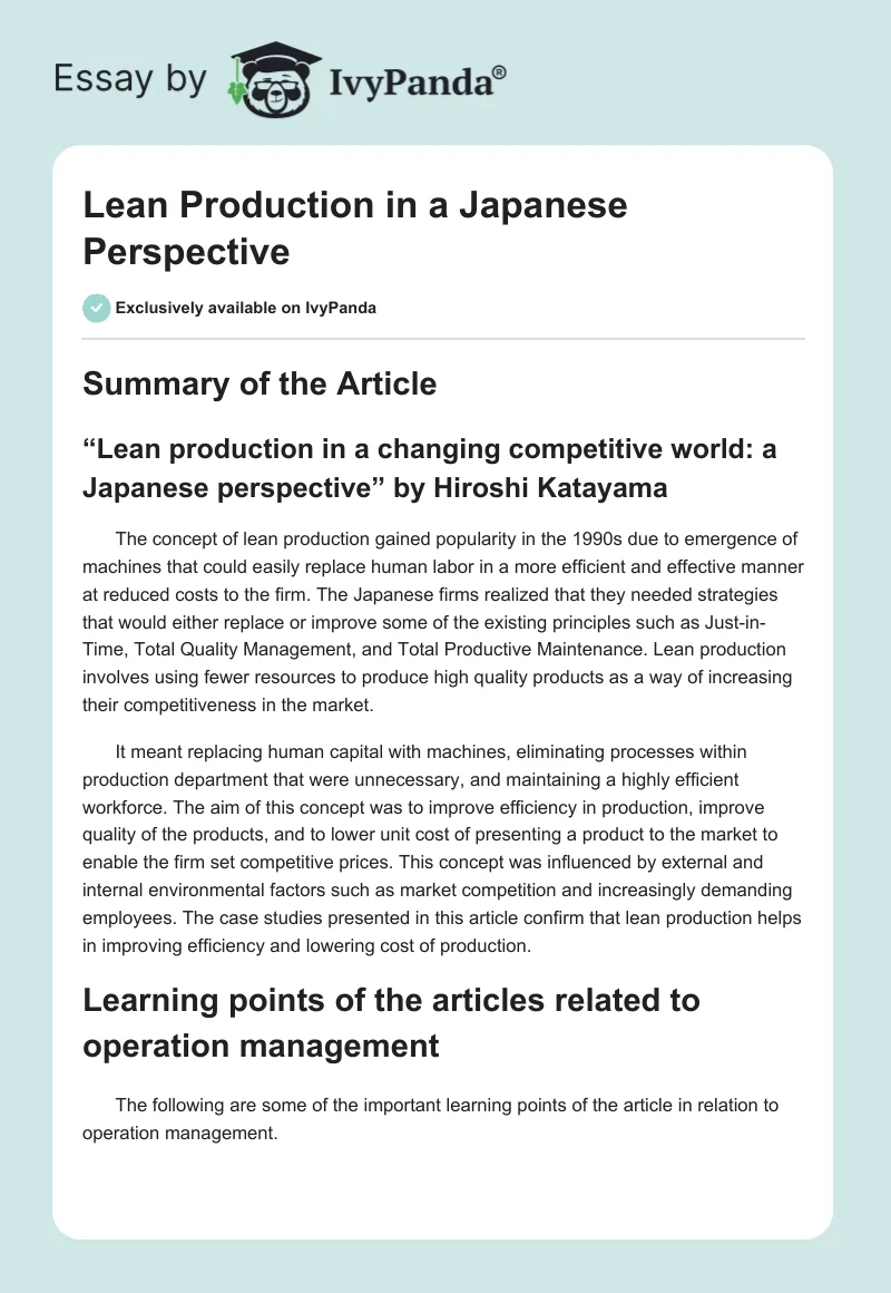 Lean Production in a Japanese Perspective. Page 1