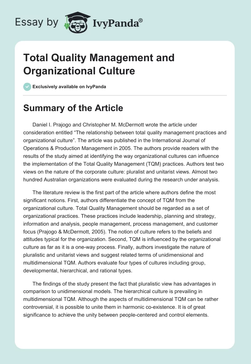 Total Quality Management and Organizational Culture. Page 1