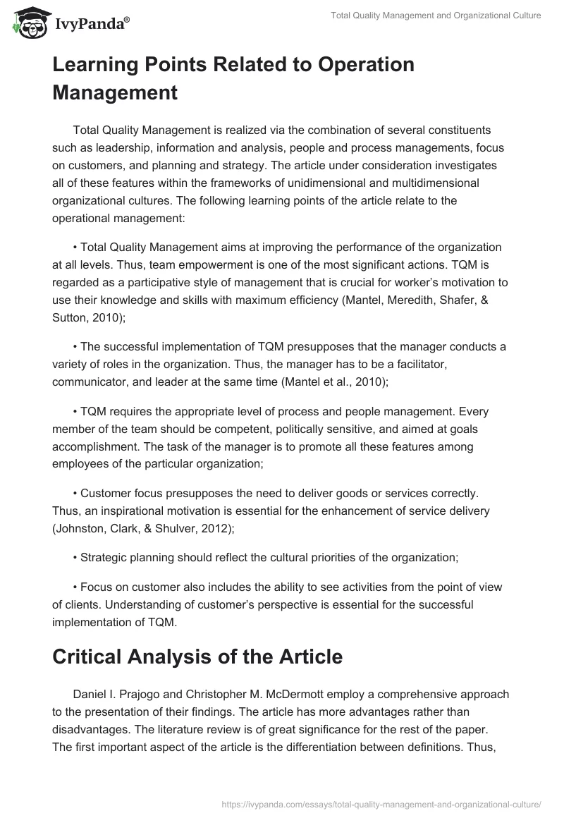 Total Quality Management and Organizational Culture. Page 2