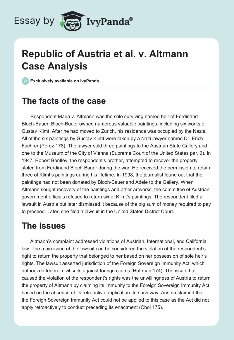 Republic of Austria et al. v. Altmann Case Analysis. Page 1