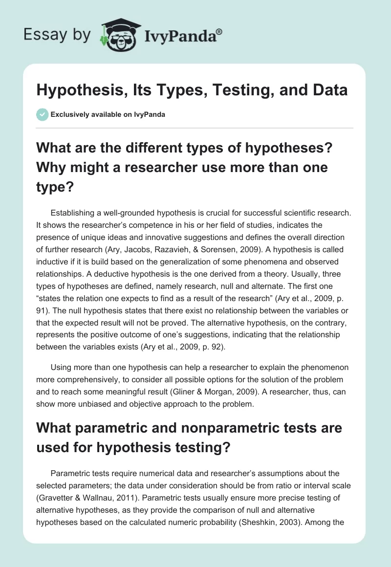 Hypothesis, Its Types, Testing, and Data. Page 1