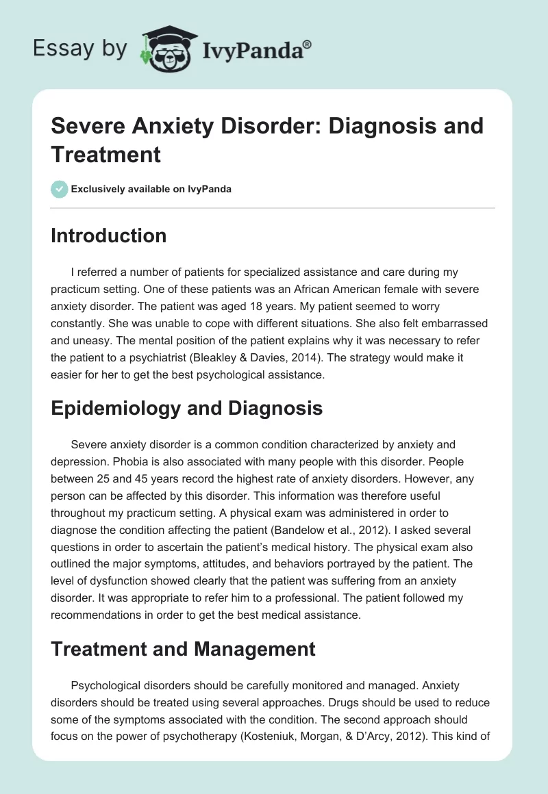 Severe Anxiety Disorder: Diagnosis and Treatment. Page 1