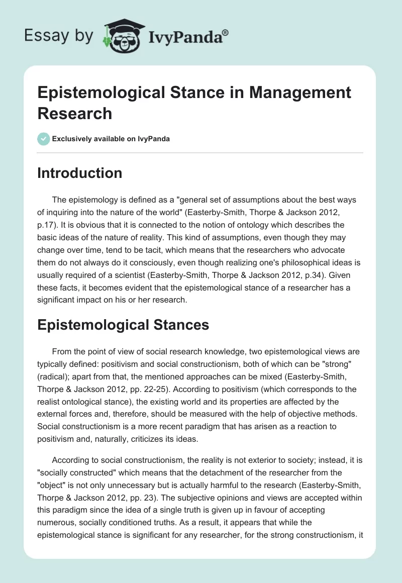 Epistemological Stance in Management Research. Page 1