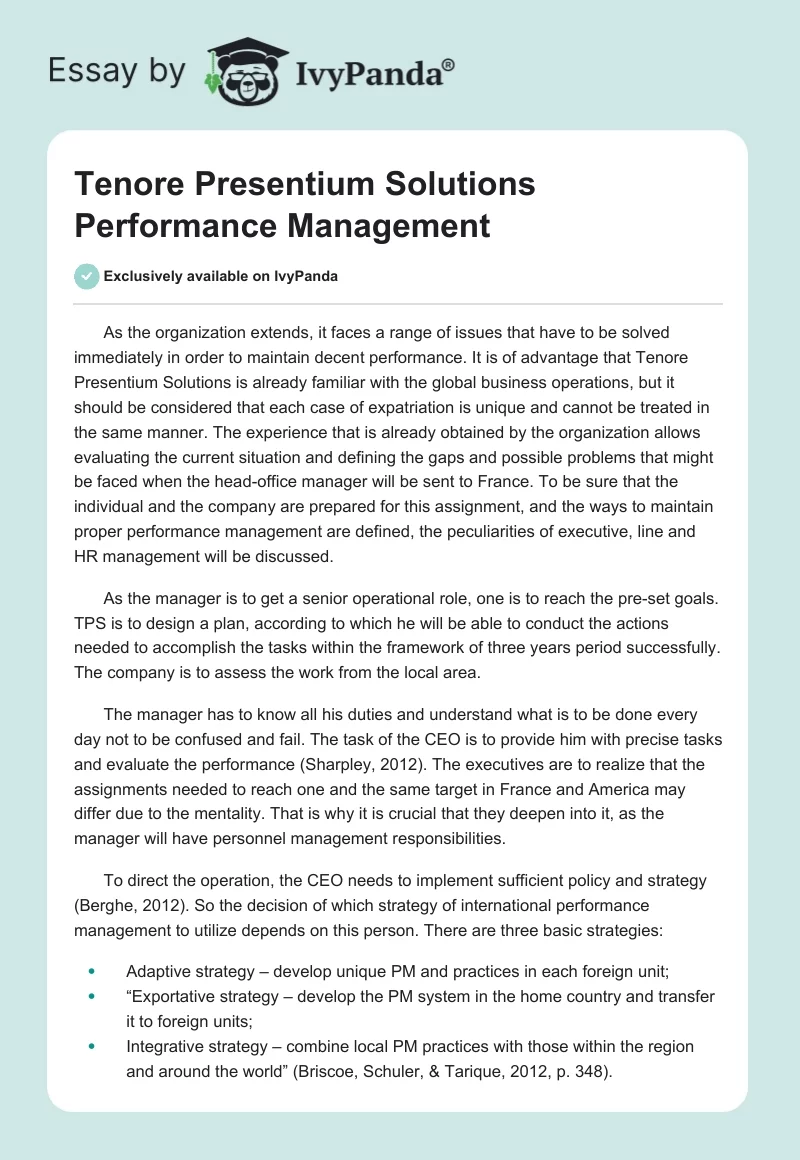 Tenore Presentium Solutions Performance Management. Page 1