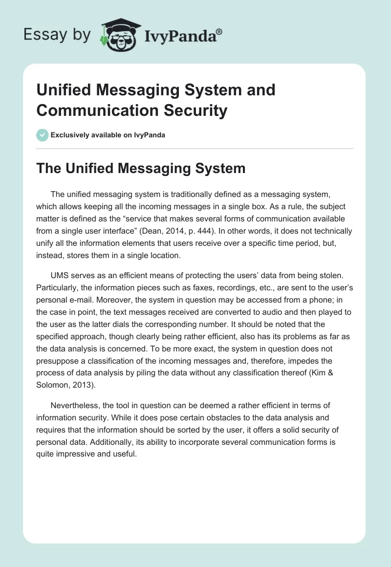 Unified Messaging System and Communication Security. Page 1