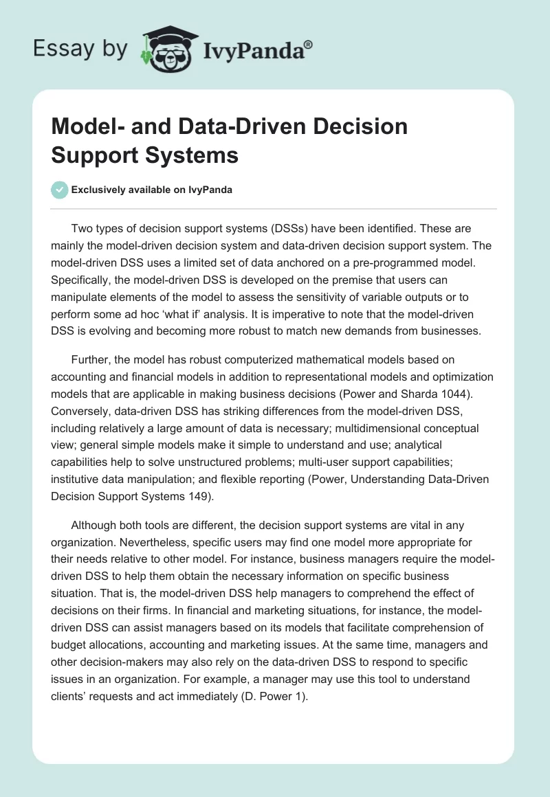Model- and Data-Driven Decision Support Systems. Page 1