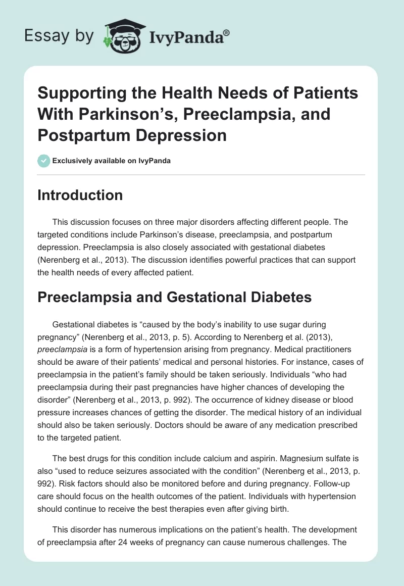 Supporting the Health Needs of Patients With Parkinson’s, Preeclampsia, and Postpartum Depression. Page 1